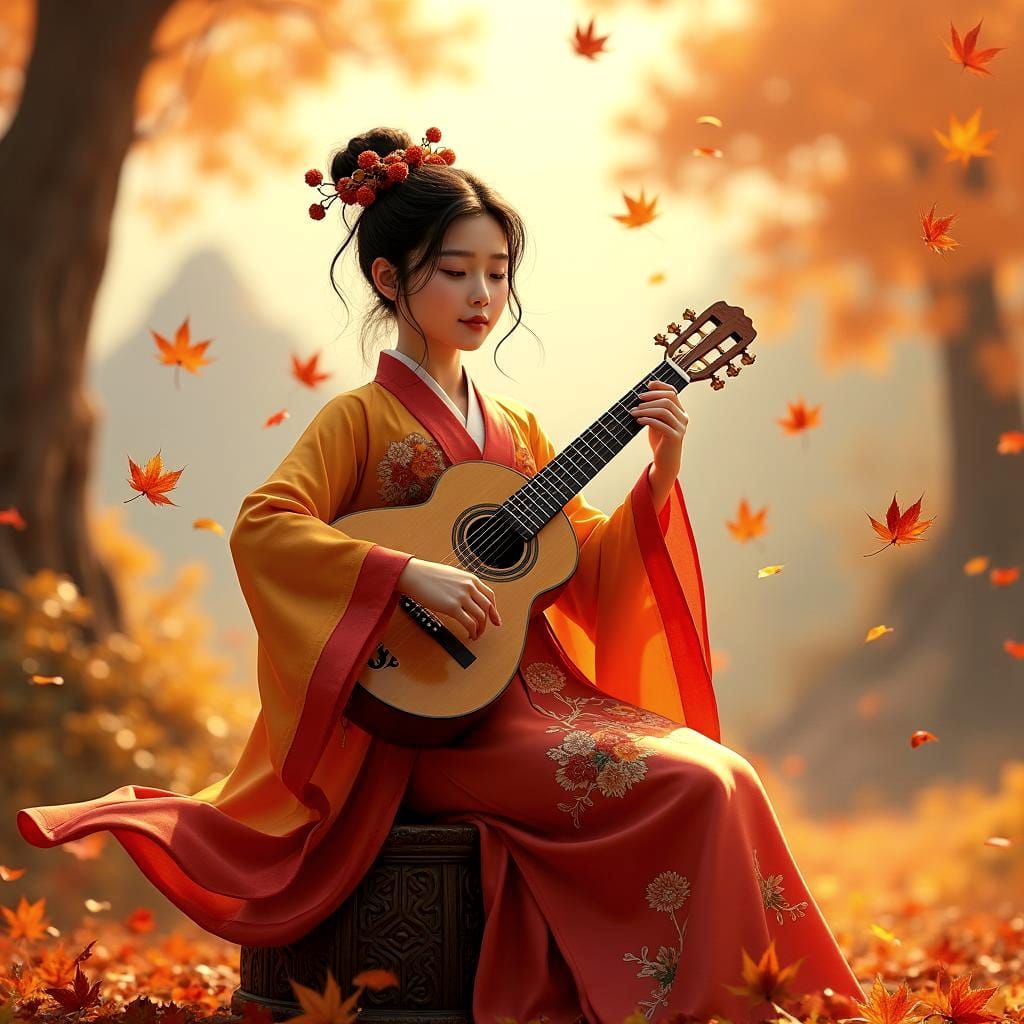 Wonyoung Playing Guitar in Autumn, Digital Art