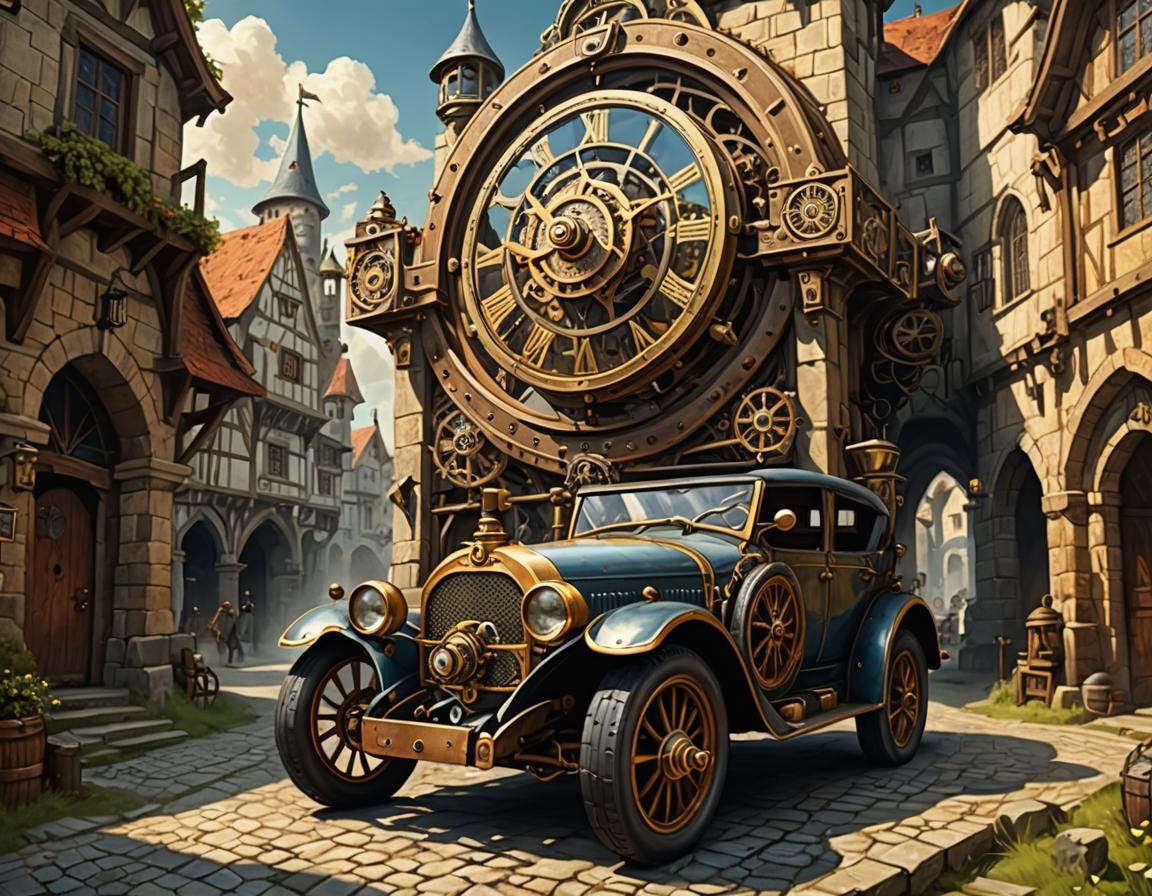 Clockwork Automobile in Medieval Fantasy Setting