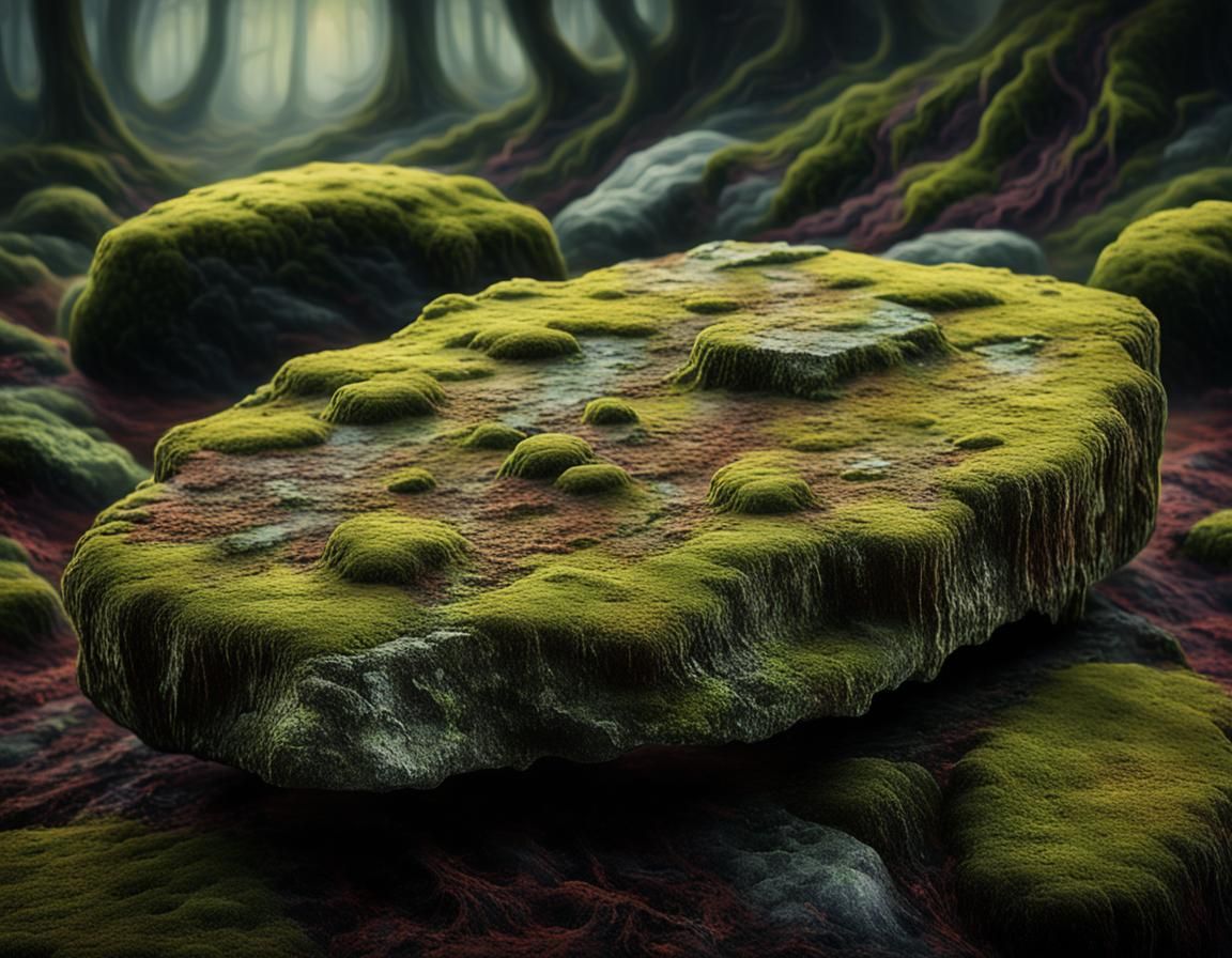 Mystical Moss-Covered Stone Slab in Oil Painting Style