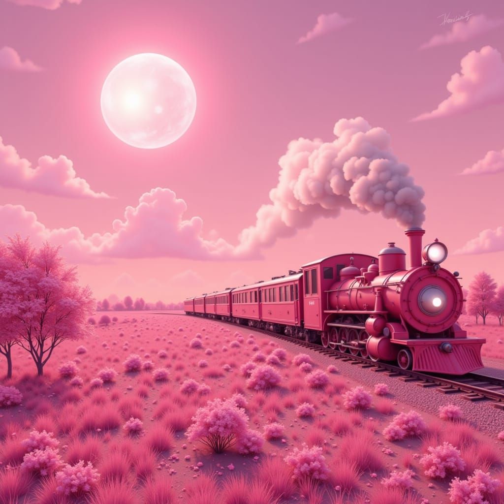 Pink Steam Train Under Pink Moon