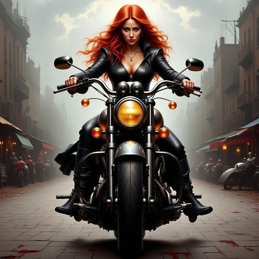Redhead on Motorcycle with Airbrushed Effects