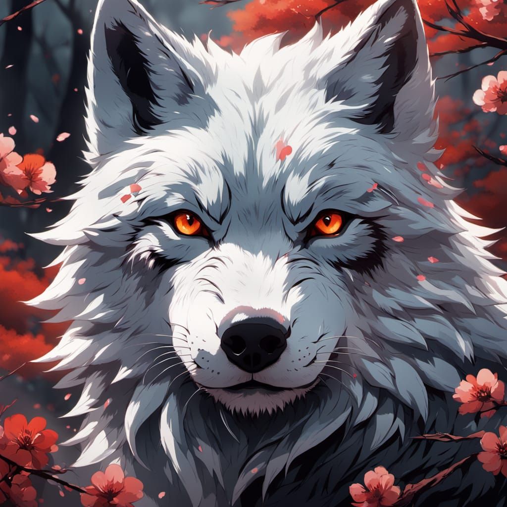 Anime Wolf Portrait with Blossoms in Shinkai Style