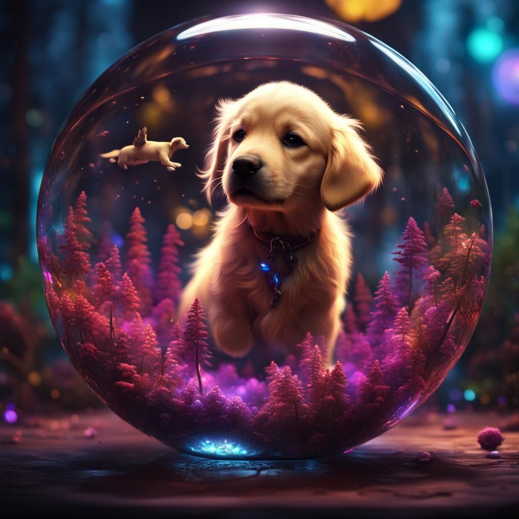 Golden Retriever Puppy in Neon Forest Fantasy Art