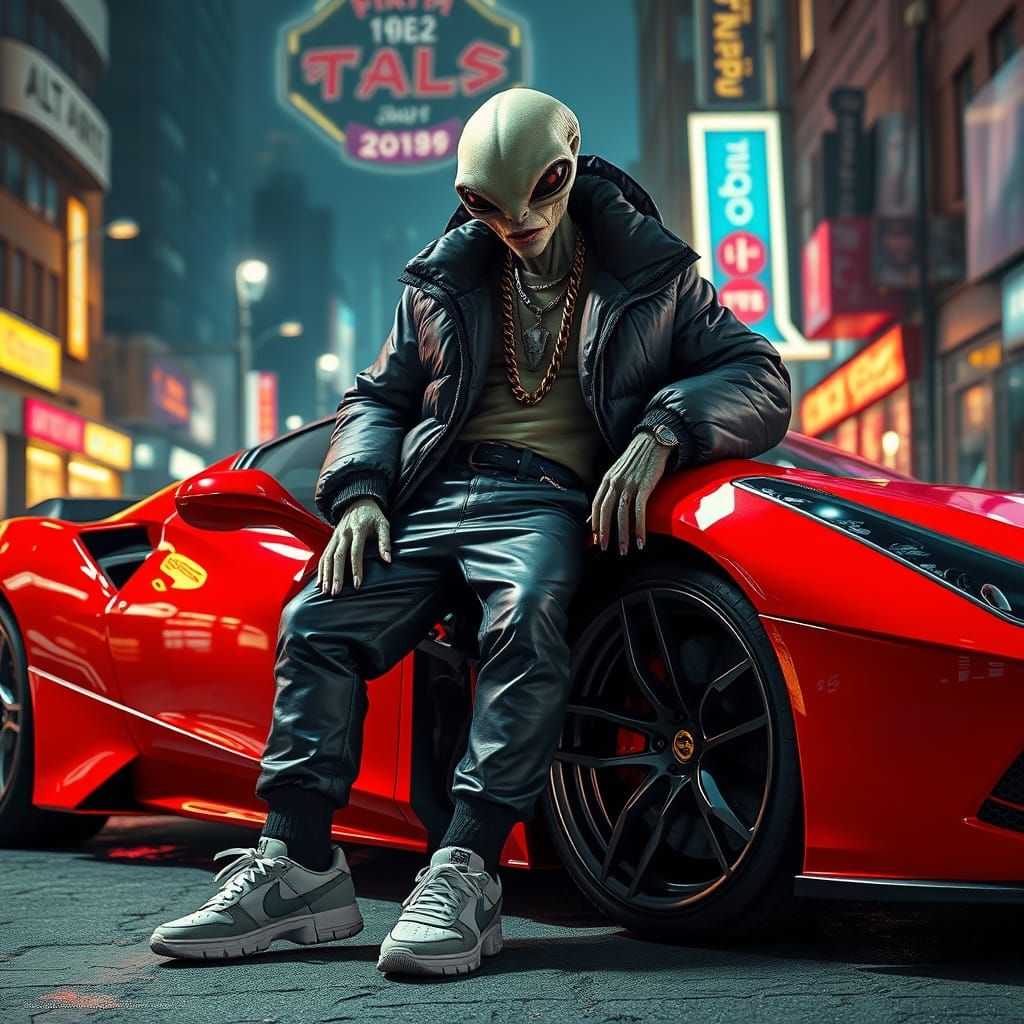 Humanoid Alien Leans on Futuristic Ferrari in Neon City