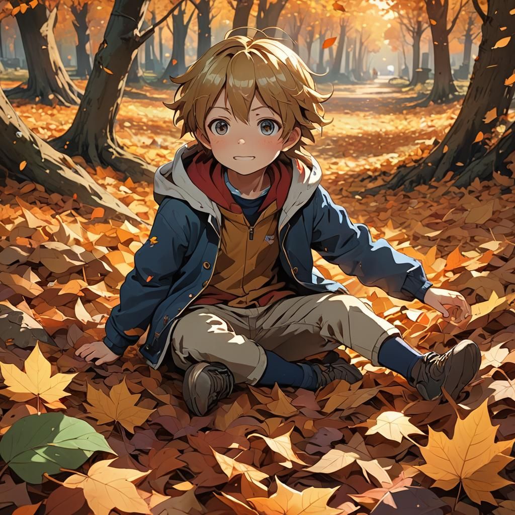 Anime Child Plays in Autumn Leaves at Golden Hour