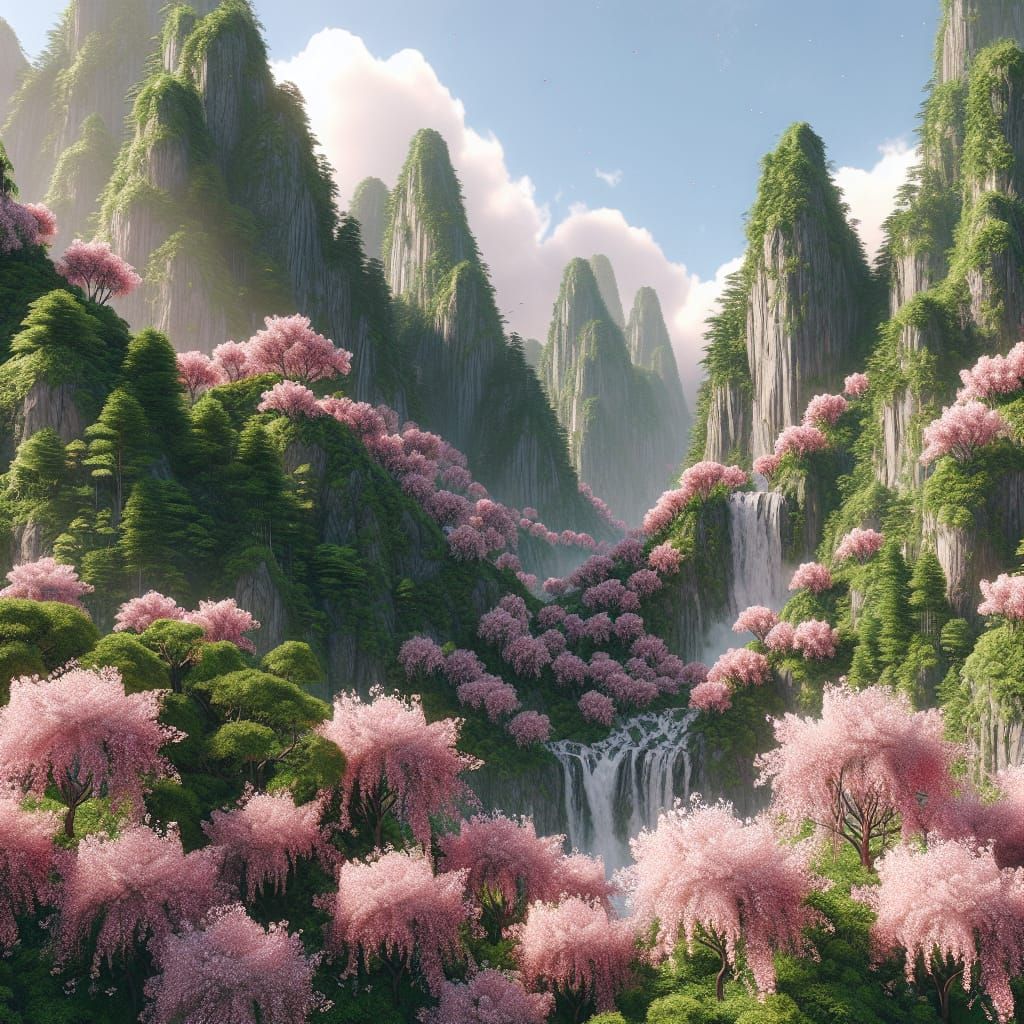 Lush Green Mountains with Cascading Waterfall in 3D