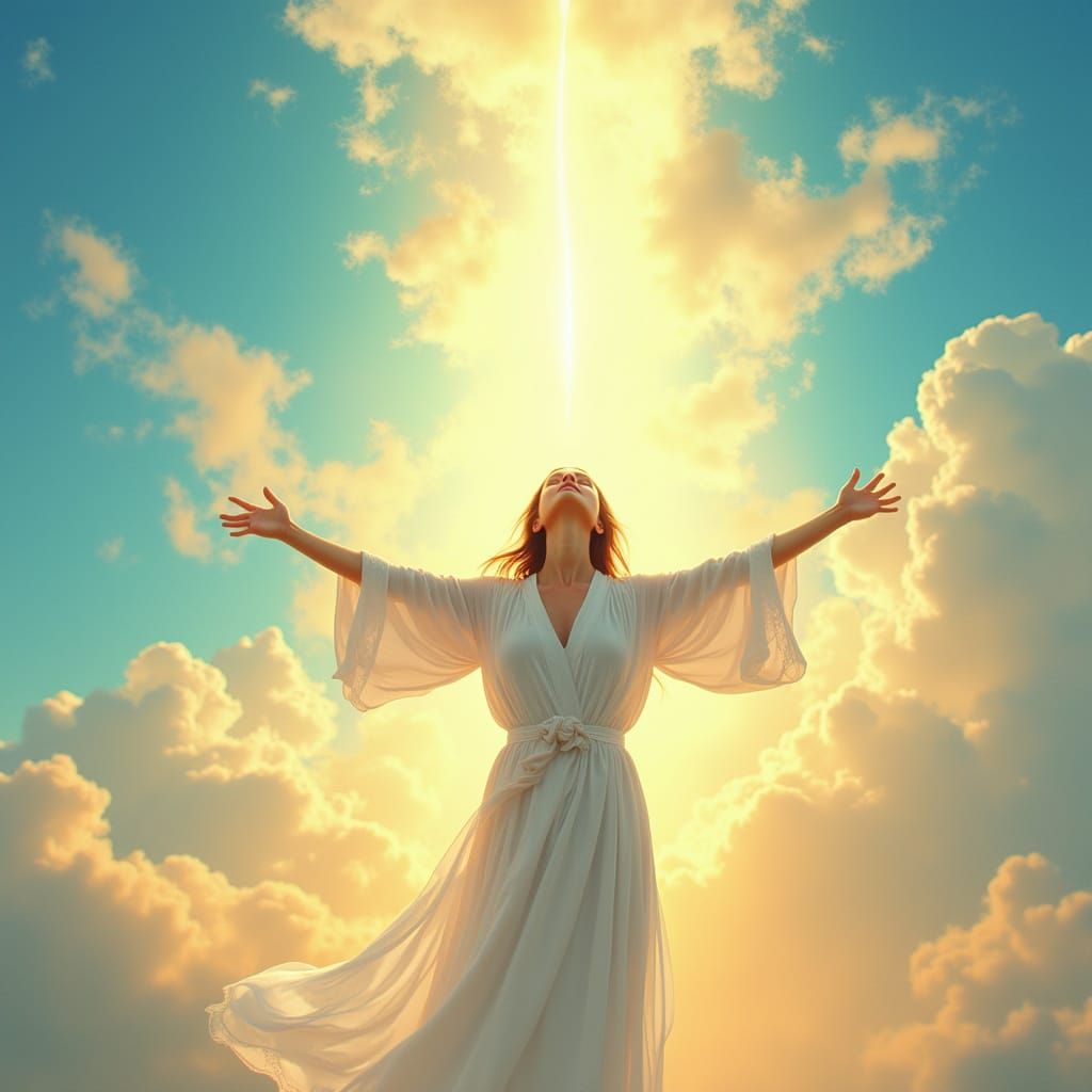 Woman in White Robes Bathed in Golden Light