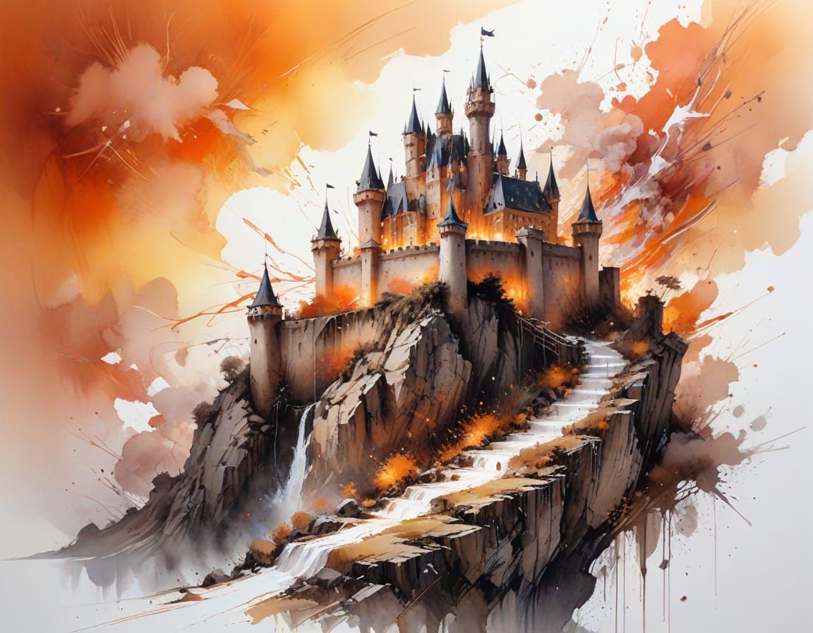 Fantasy Castle on Cliff at Sunset: Digital Art