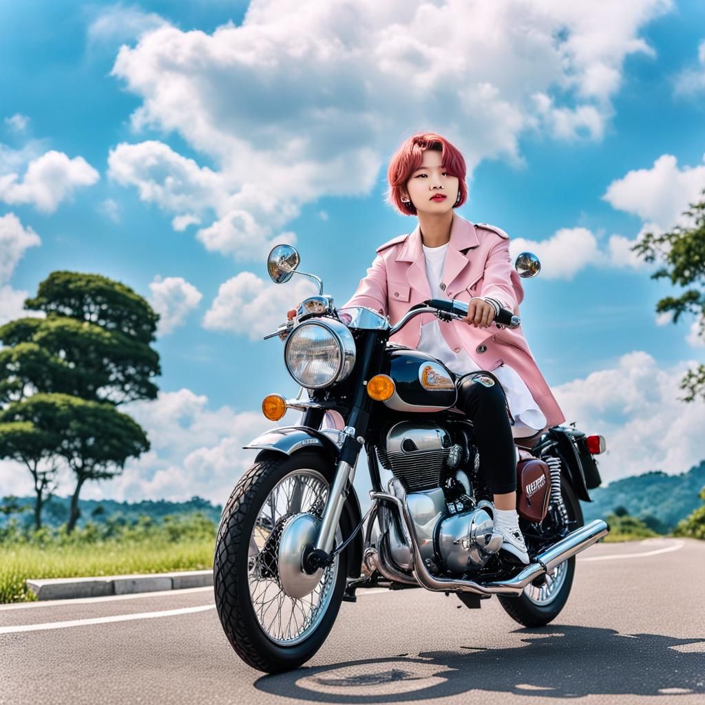 K-Pop Star on Motorcycle in Hyperrealistic Style