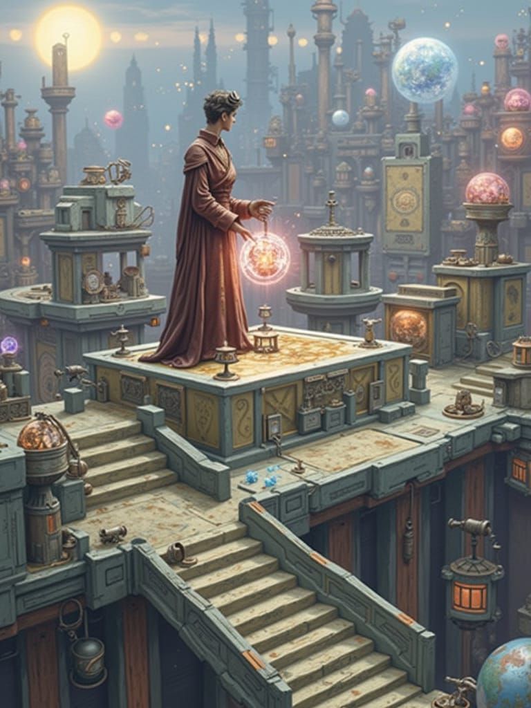 Mystical Inventor in a Whimsical Cyberpunk Temple