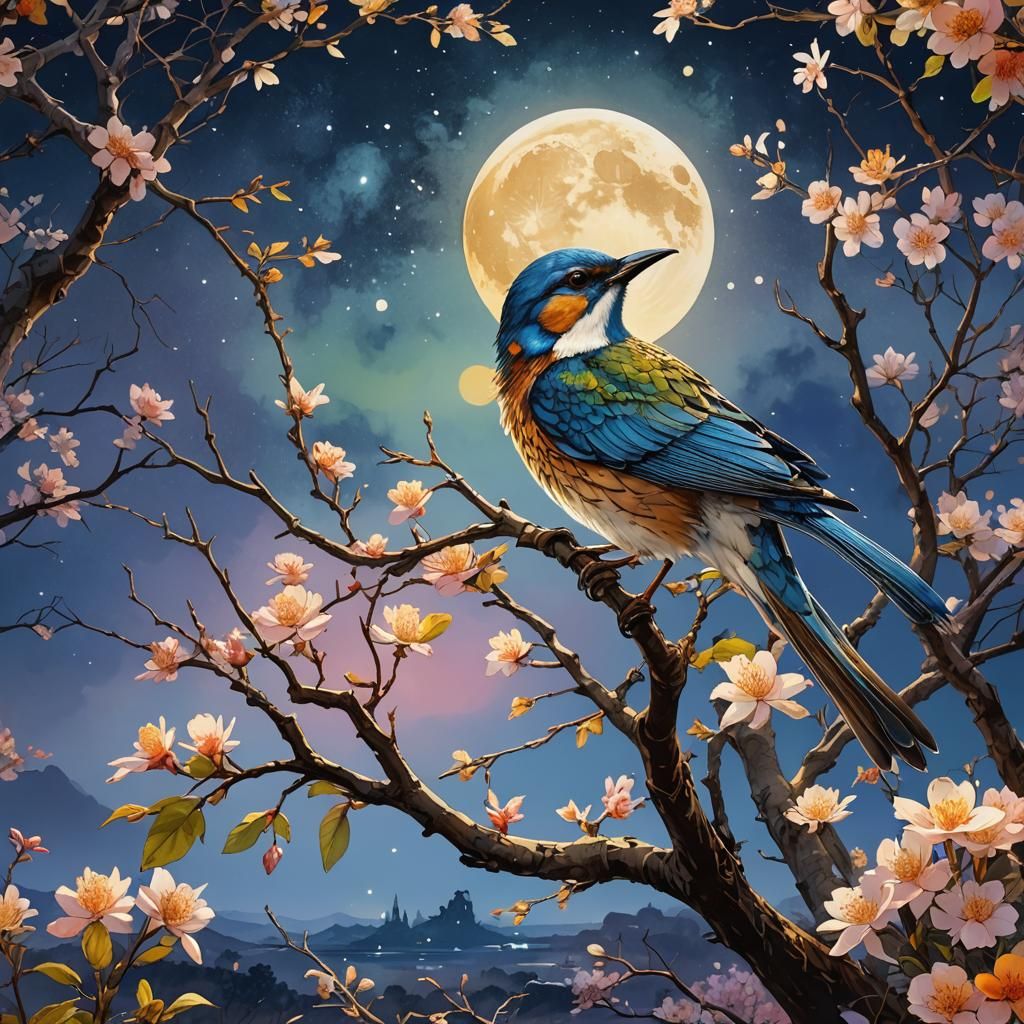 Colorful Bird Under Moon: Watercolor Concept Art