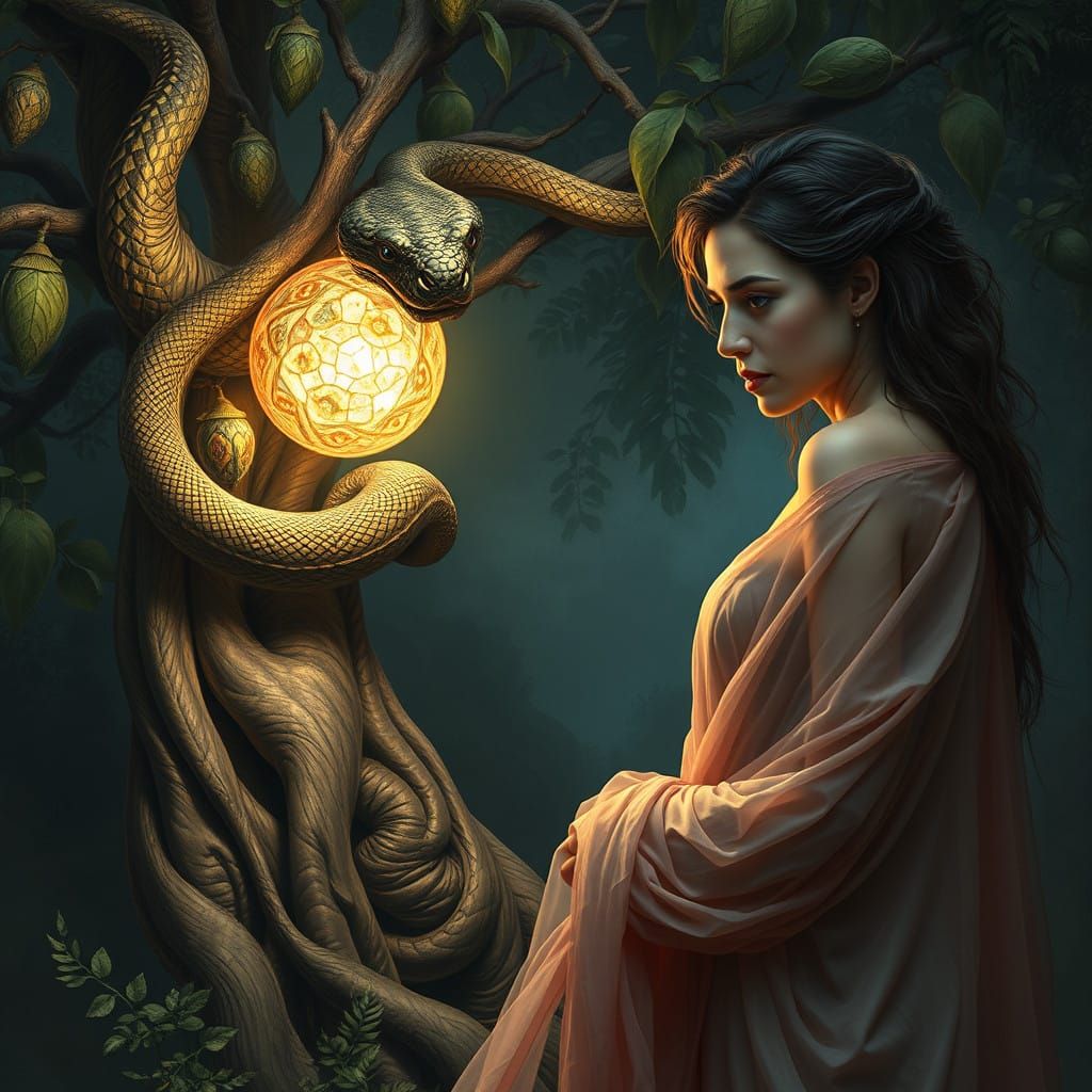 Eve Tempted by the Tree of Knowledge in a Sinuous, Dreamlike...