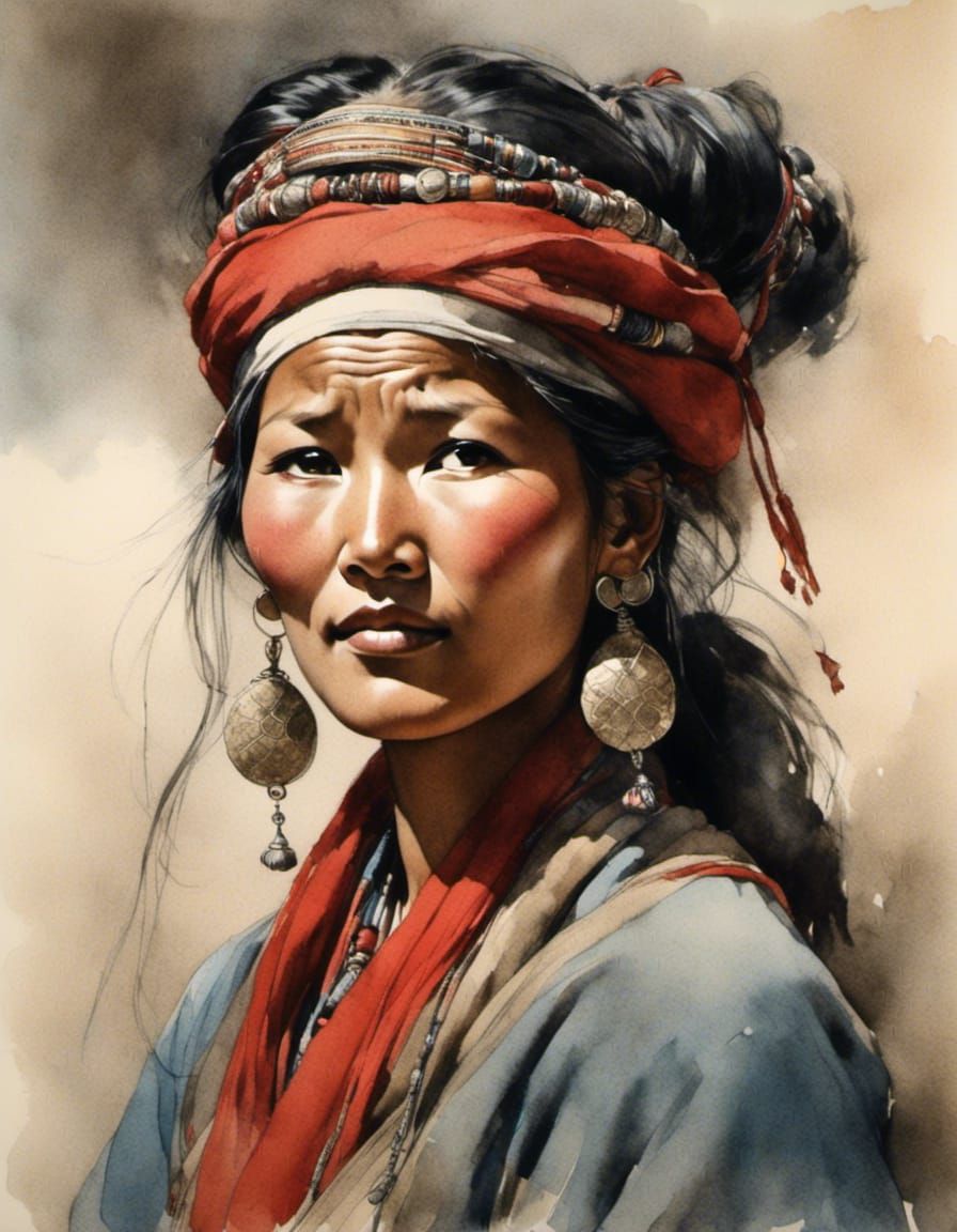 Tibetan Woman in Himalayas as Sketch Art