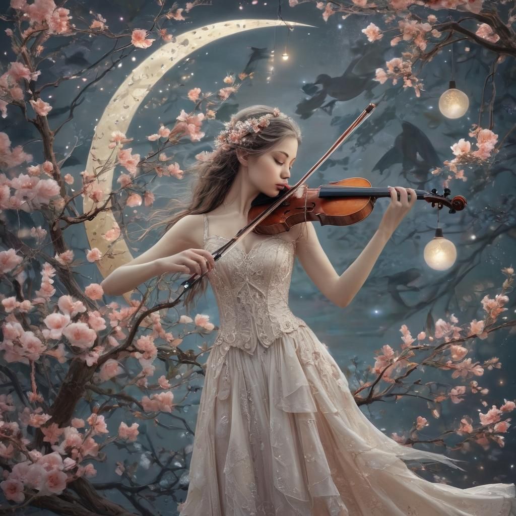 Mysterious Collage Illustration with Woman Playing Violin