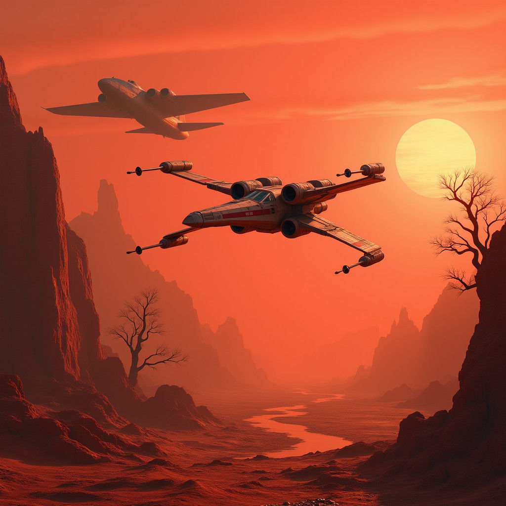 X-Wing Soaring Over Red Planet in Industrial Futurism