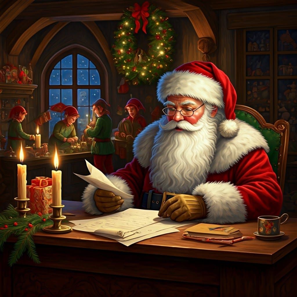 Traditional Santa Claus Reviews His List Twice in Whimsical...