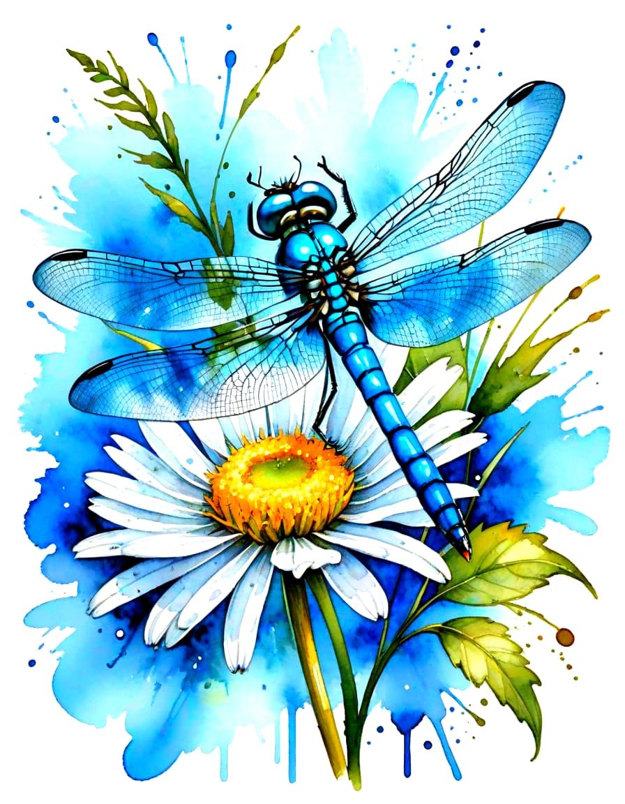 Blue Dragonfly and Daisy in Watercolor