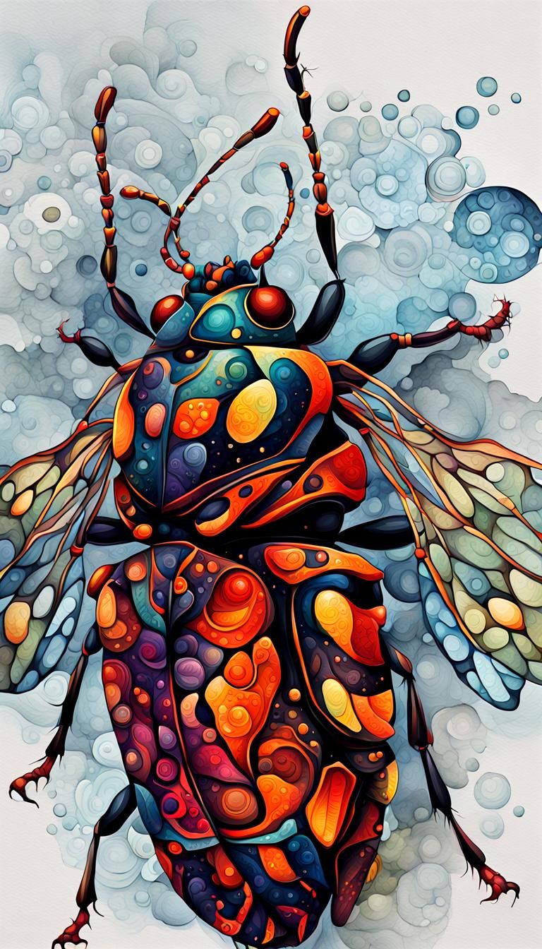 Detailed Insect at Night in Watercolor Style