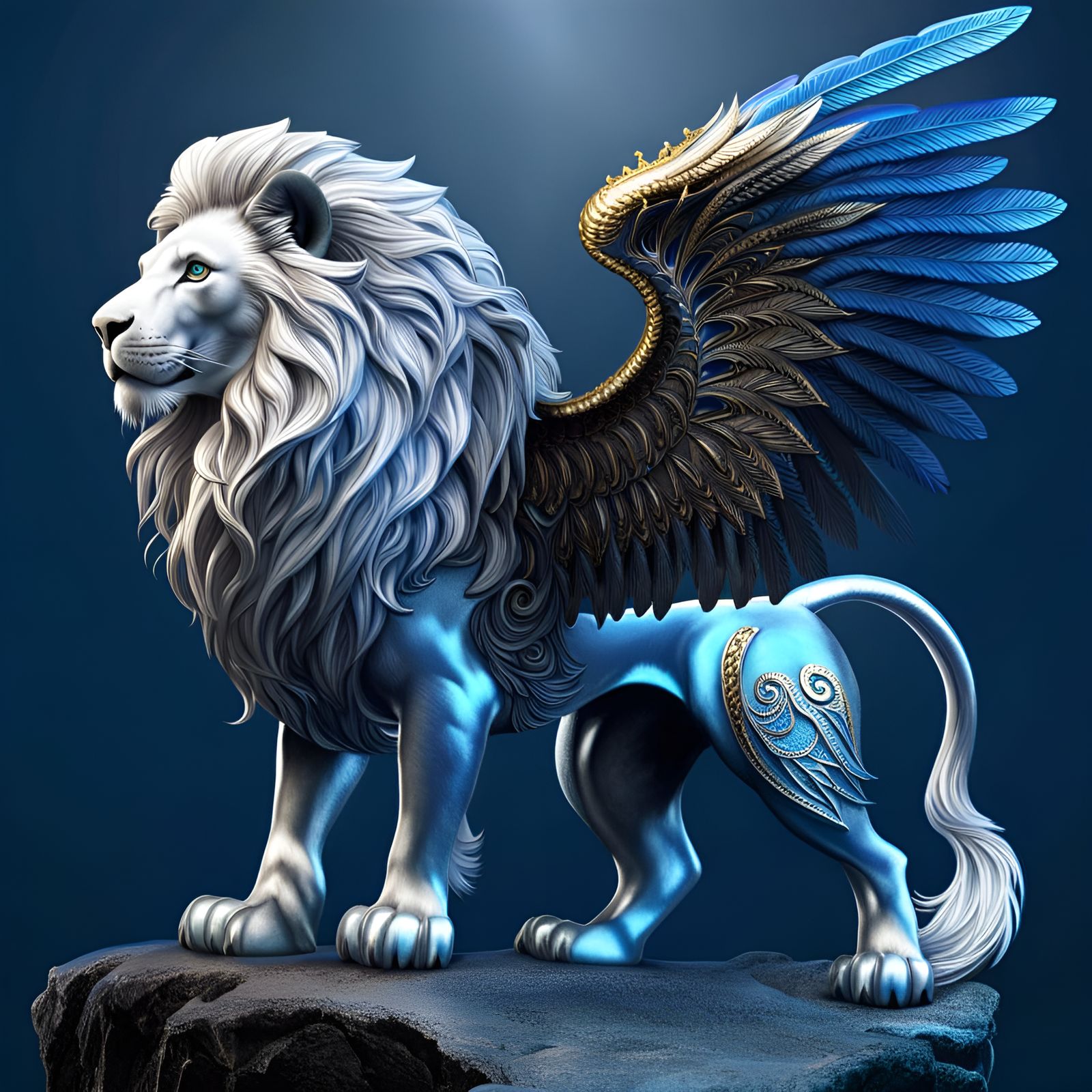 Majestic Blue Silver Lion with Pegasus Wings