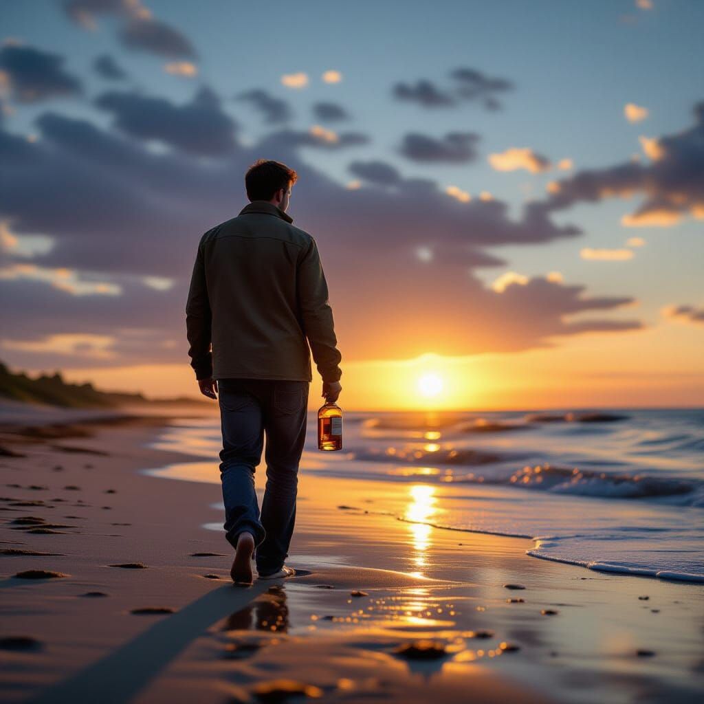 Man on Serene Beach at Dusk Holding Whisky Bottle