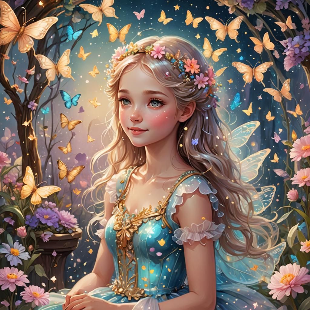 Ethereal Girl on Cloud Throne in Fairy Garden