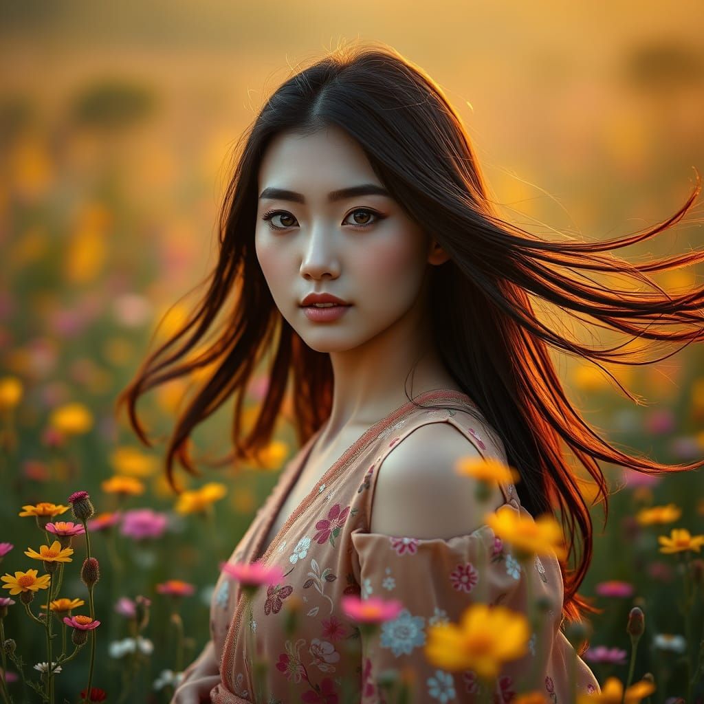 Japanese Woman in Wildflower Field at Dawn