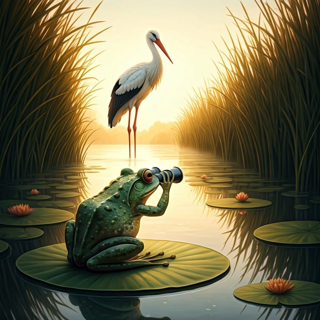 Frog with Binoculars Observes Stork in Watercolor Style