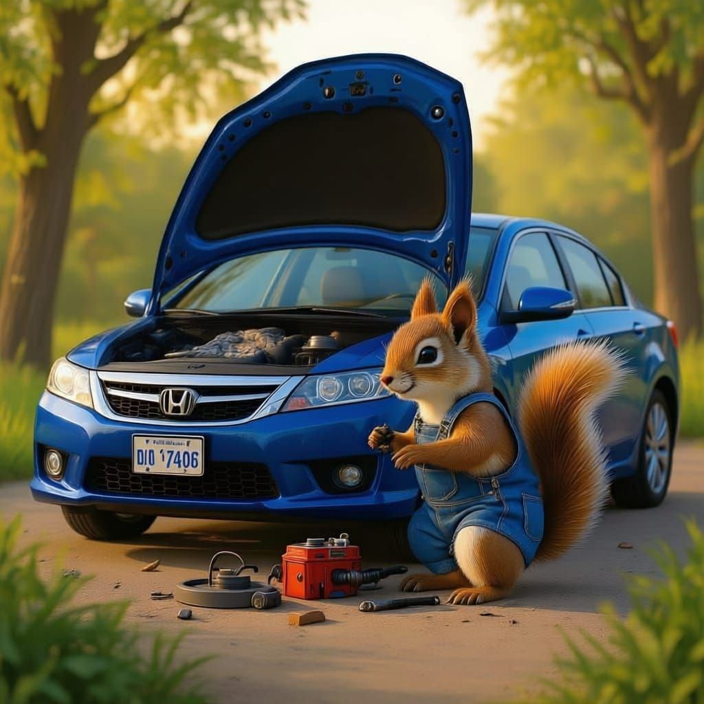 Squirrel Mechanic Fixes Blue 2012 Honda Accord