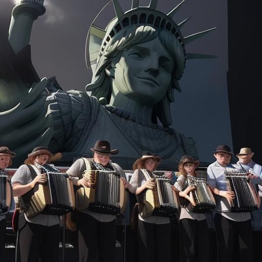 Accordion Players Greet Smiling Statue of Liberty