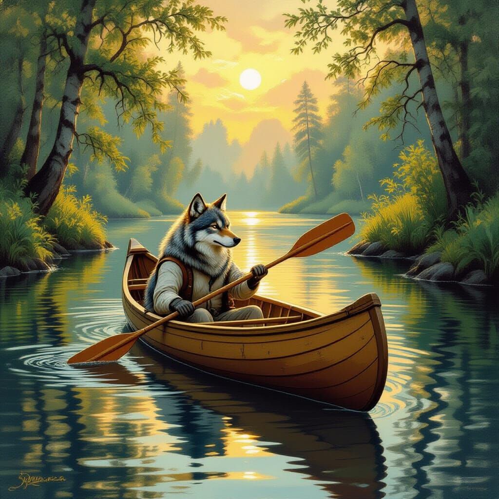 Wolf Paddling Canoe on River in Landscape Style