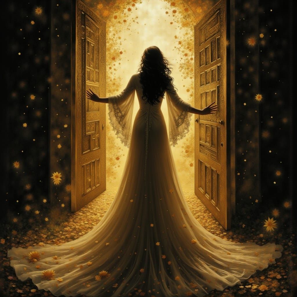 Woman in Golden Cage Bathed in Light