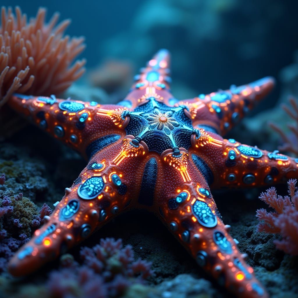 Cybernetic Starfish in Bioluminescent Reef