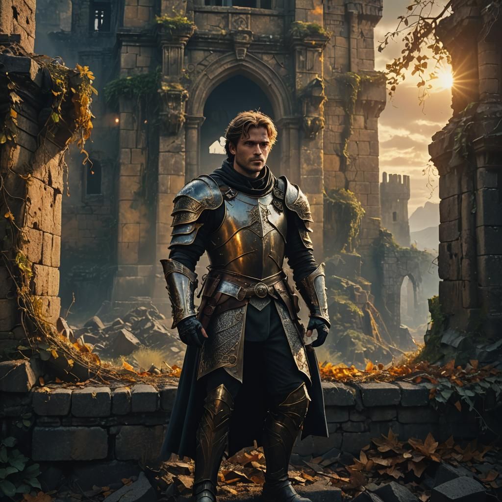 Brooding Prince in Ruined Castle: Cinematic Digital Art
