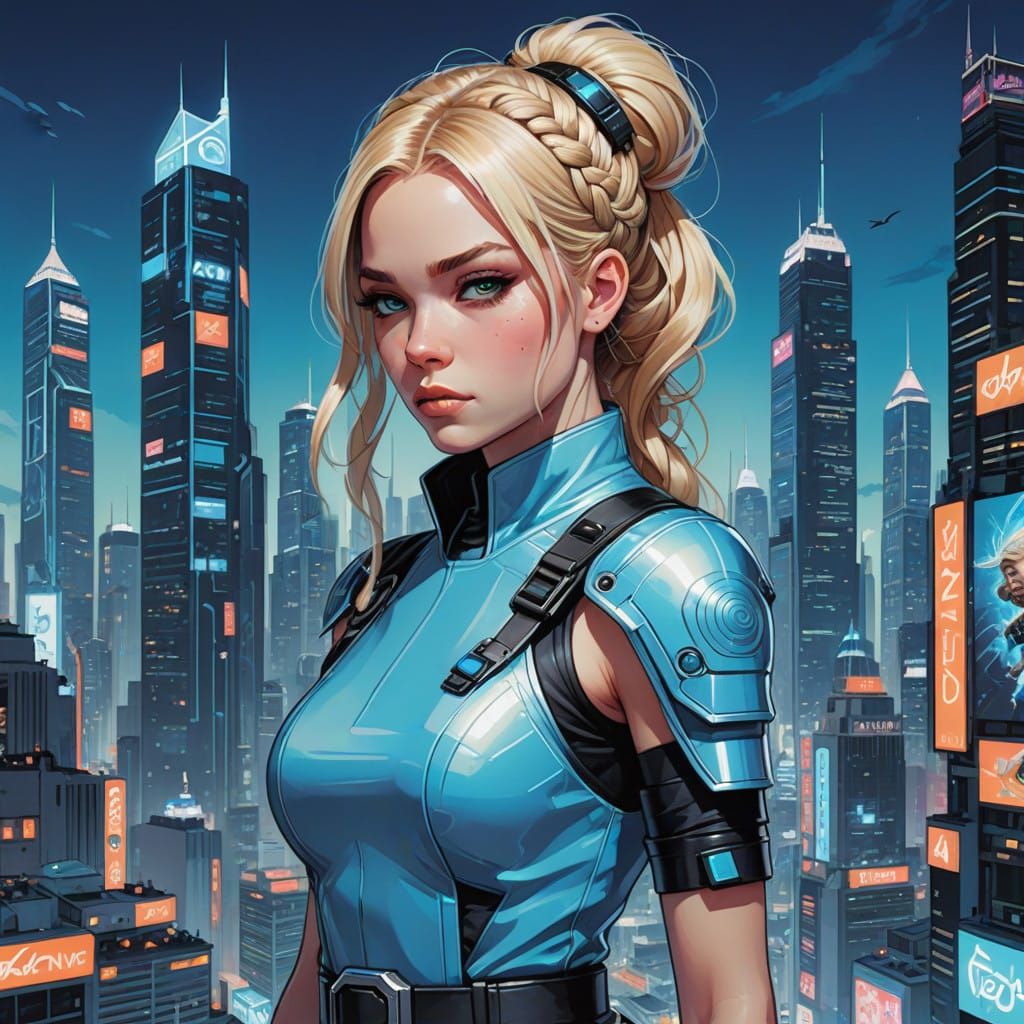 Blonde Ninja in Neon Futuristic Cityscape