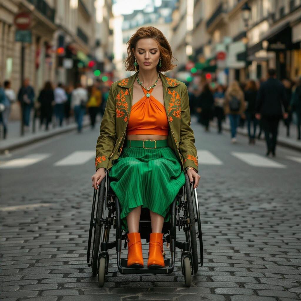 Stylish Woman in Wheelchair Navigating Paris Street