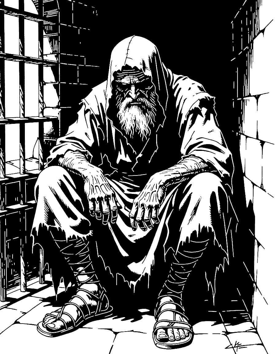 Imprisoned Blind Man in Black and White Horror Style