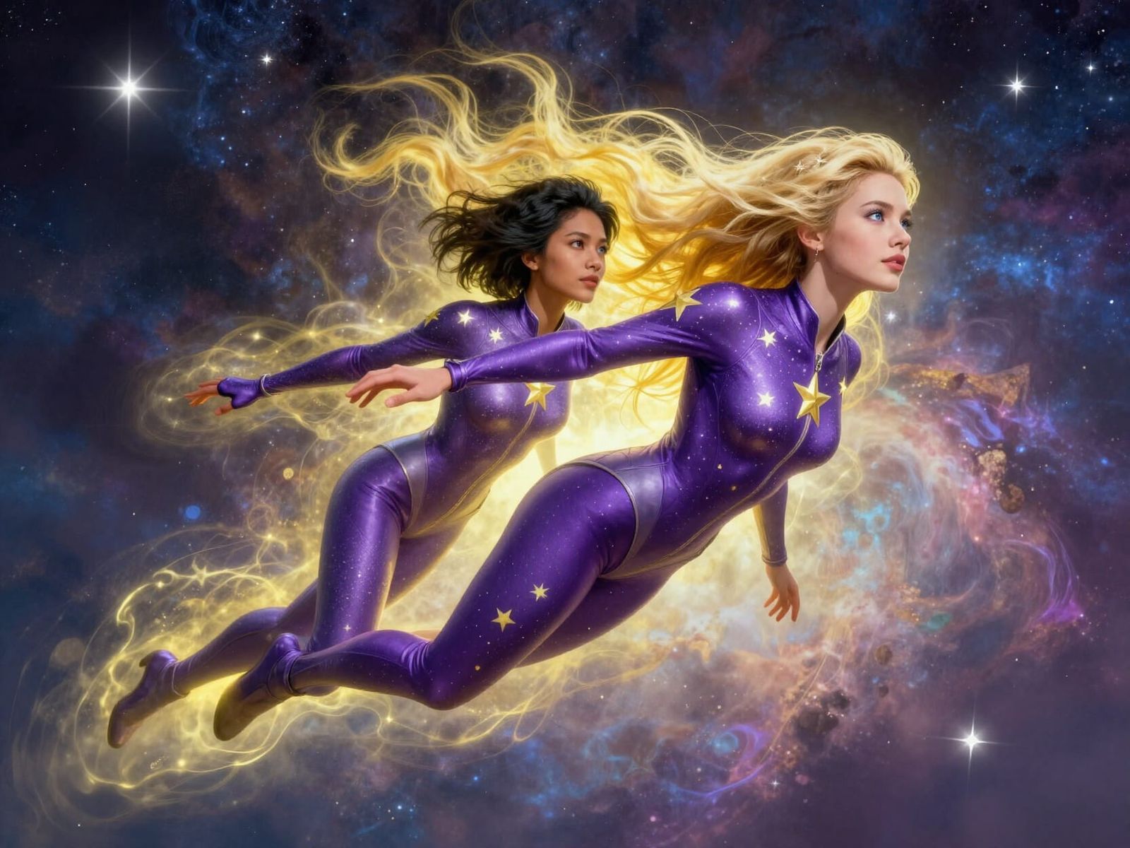Two Women in Star Suits Flying Through Nebula