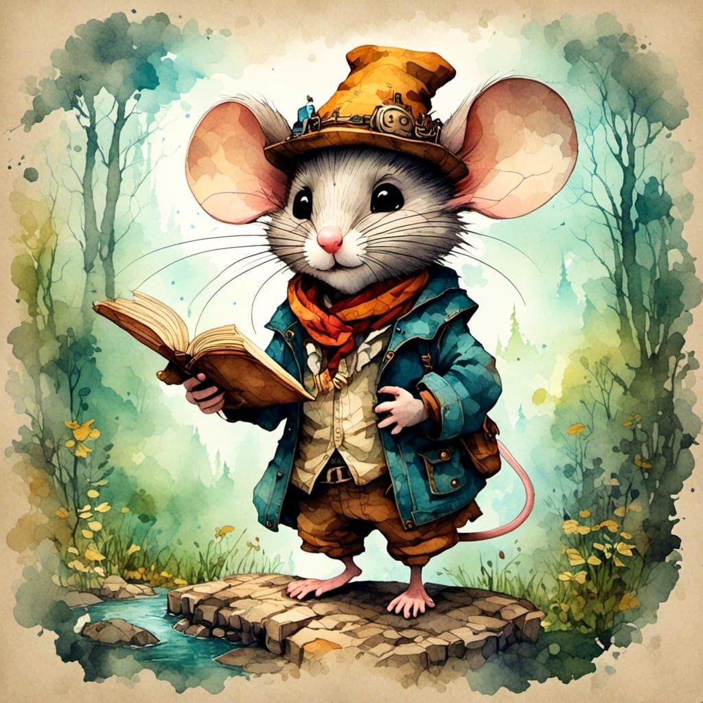 Mouse Explorer in Enchanted Forest, Antique Watercolor