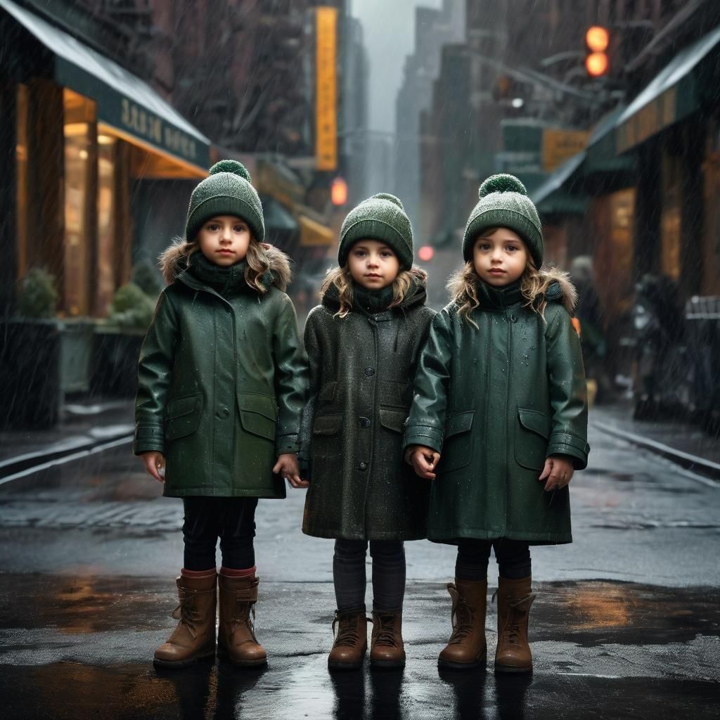 Twins in New York Winter Rain, Detailed Matte Painting