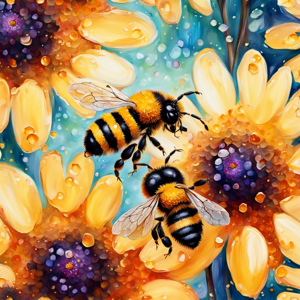 Vibrant Impressionist Painting of Bees on Colorful Flowers
