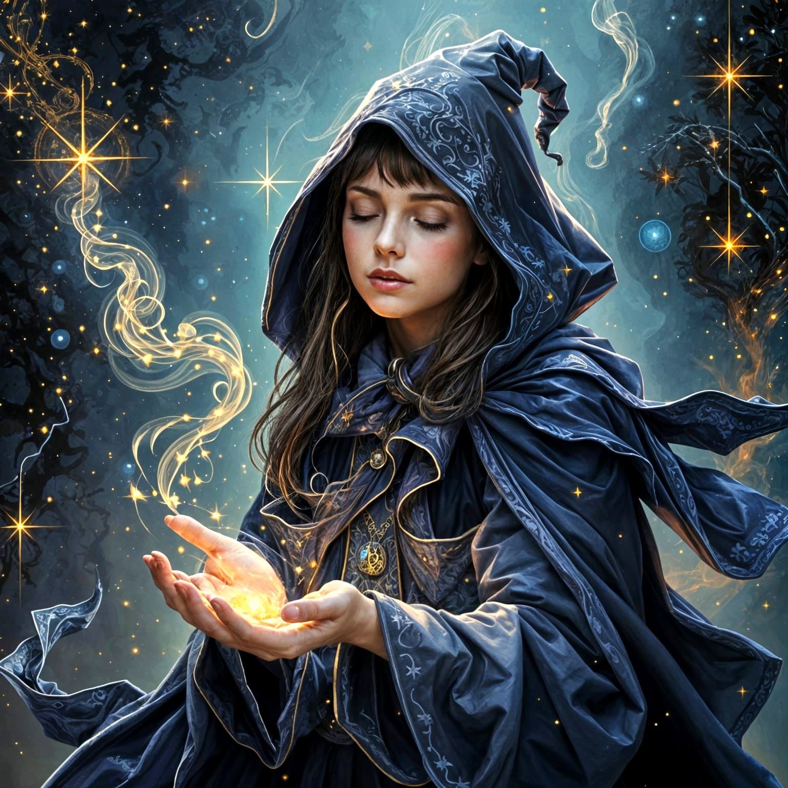 Mystical Witch Conjuring Dreams in Cosmic Nebula