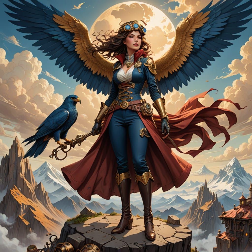 Steampunk Falconer Ascends Gear-Shaped Mountain