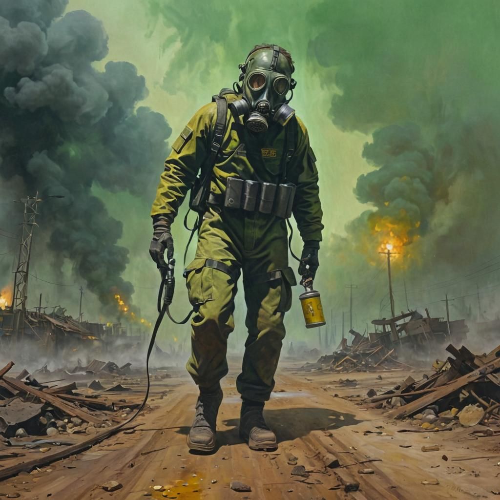 Dystopian Survivor in Radioactive Wasteland: Oil Painting