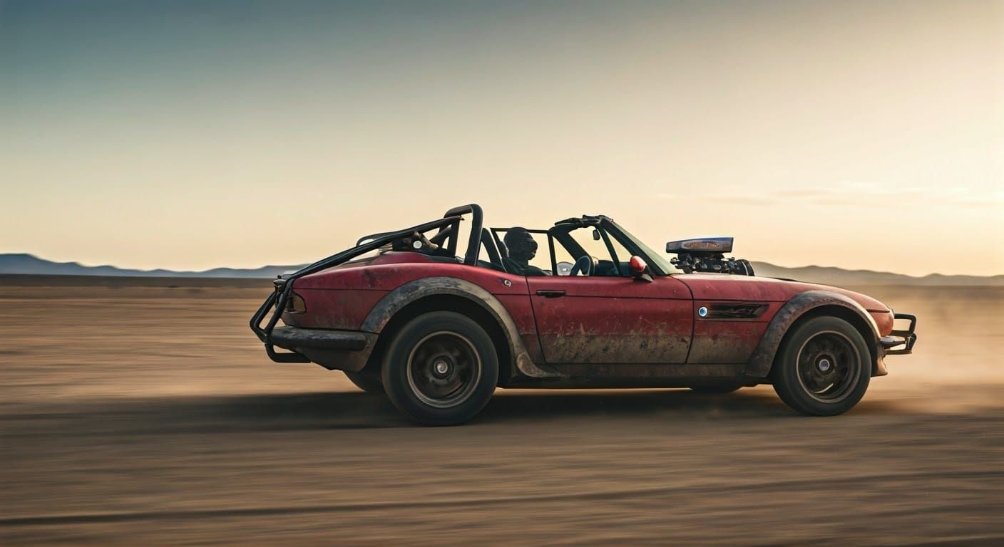 Red BMW Z1 in Mad Max Inspired Cyberpunk Landscape