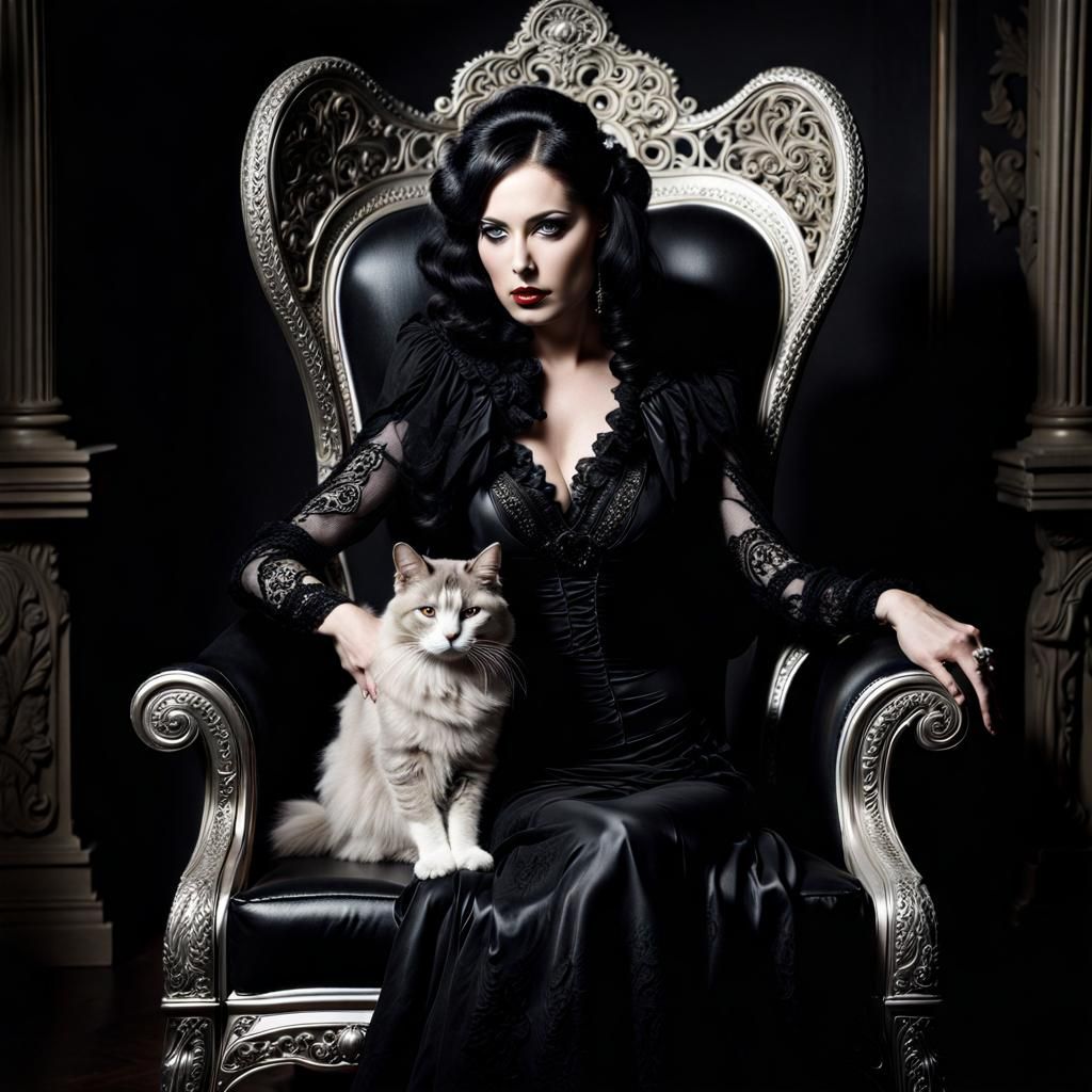 Gothic Woman with Maine Coon: Silver Nitrate Photo