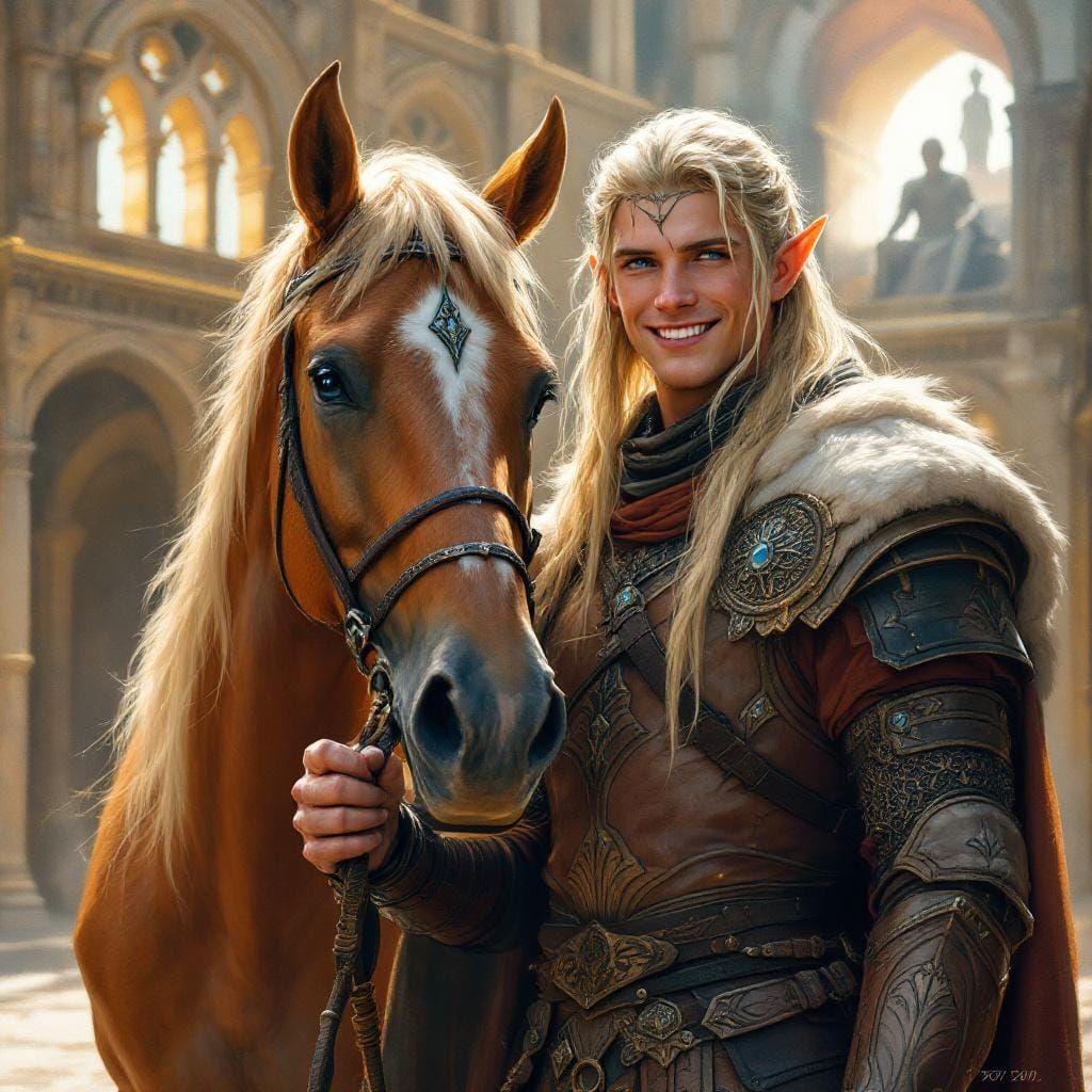 Elf-Lord with Palomino Horse in Oil Realism