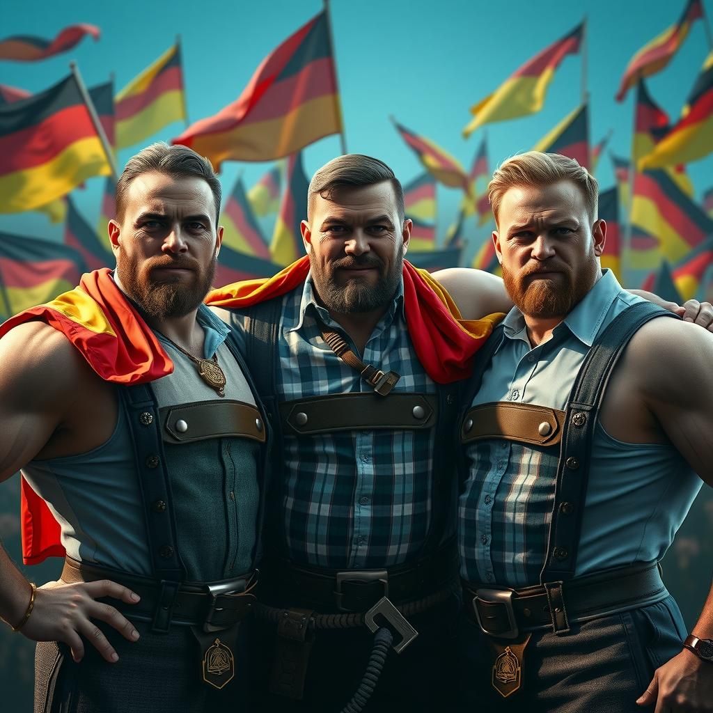 Bavarian Strongmen Posing with German Flags