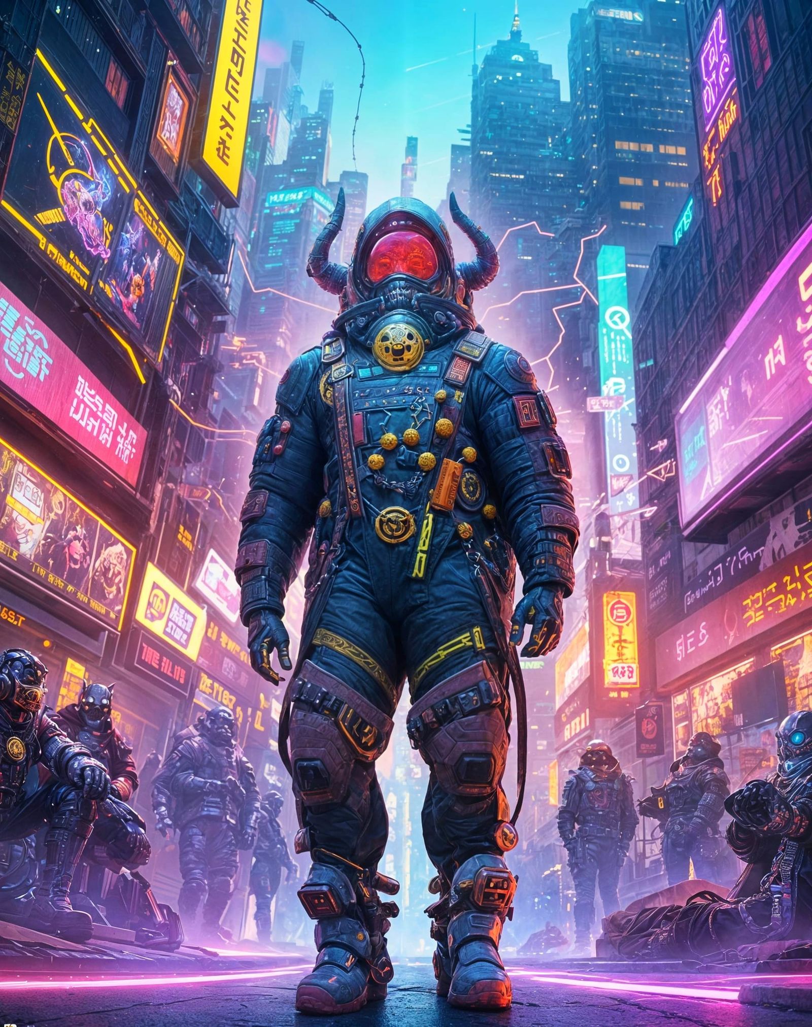 Cyberpunk Oni Demon in Futuristic City