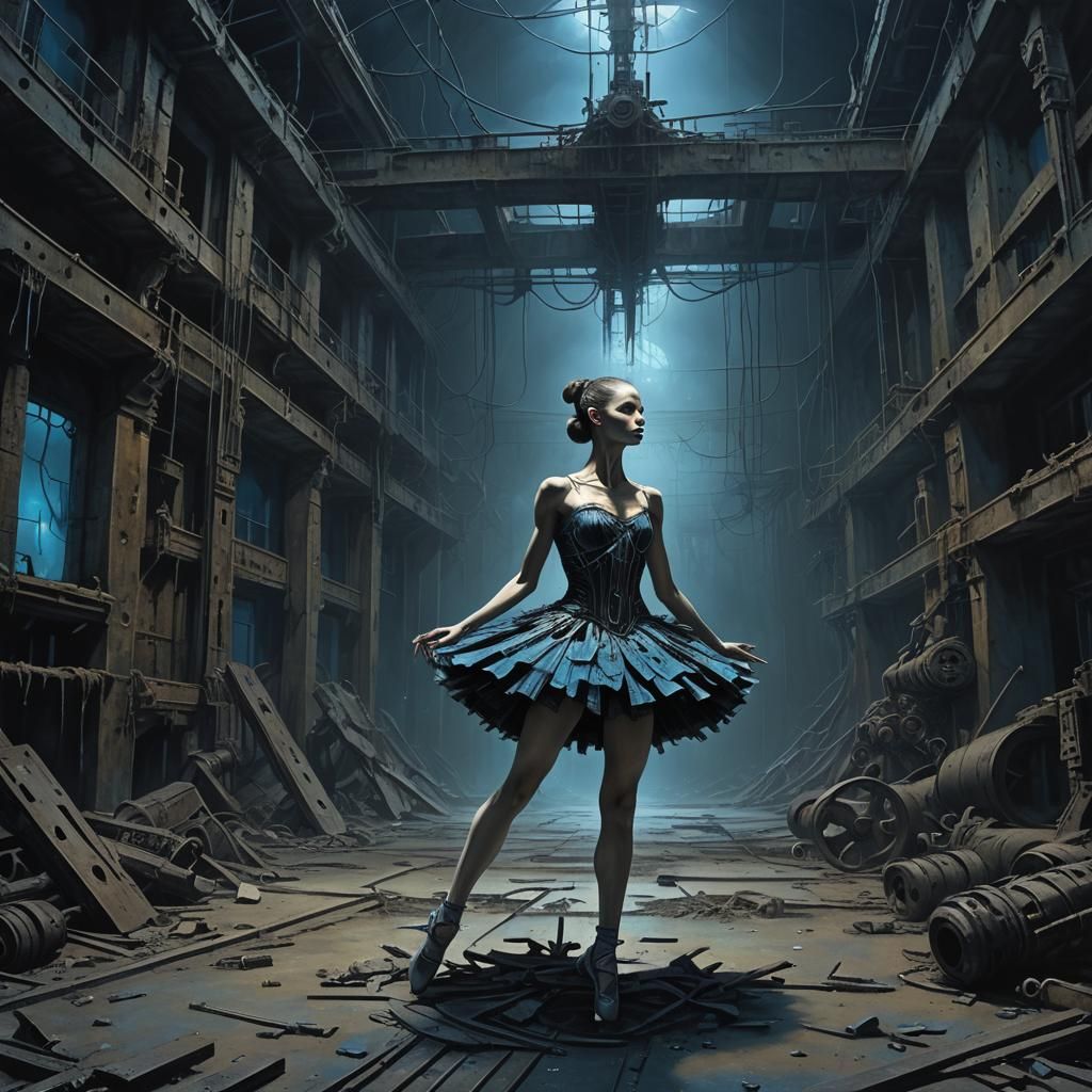 Surreal Ballerina in Ruined Theater: Biomechanical Gothic Ar...