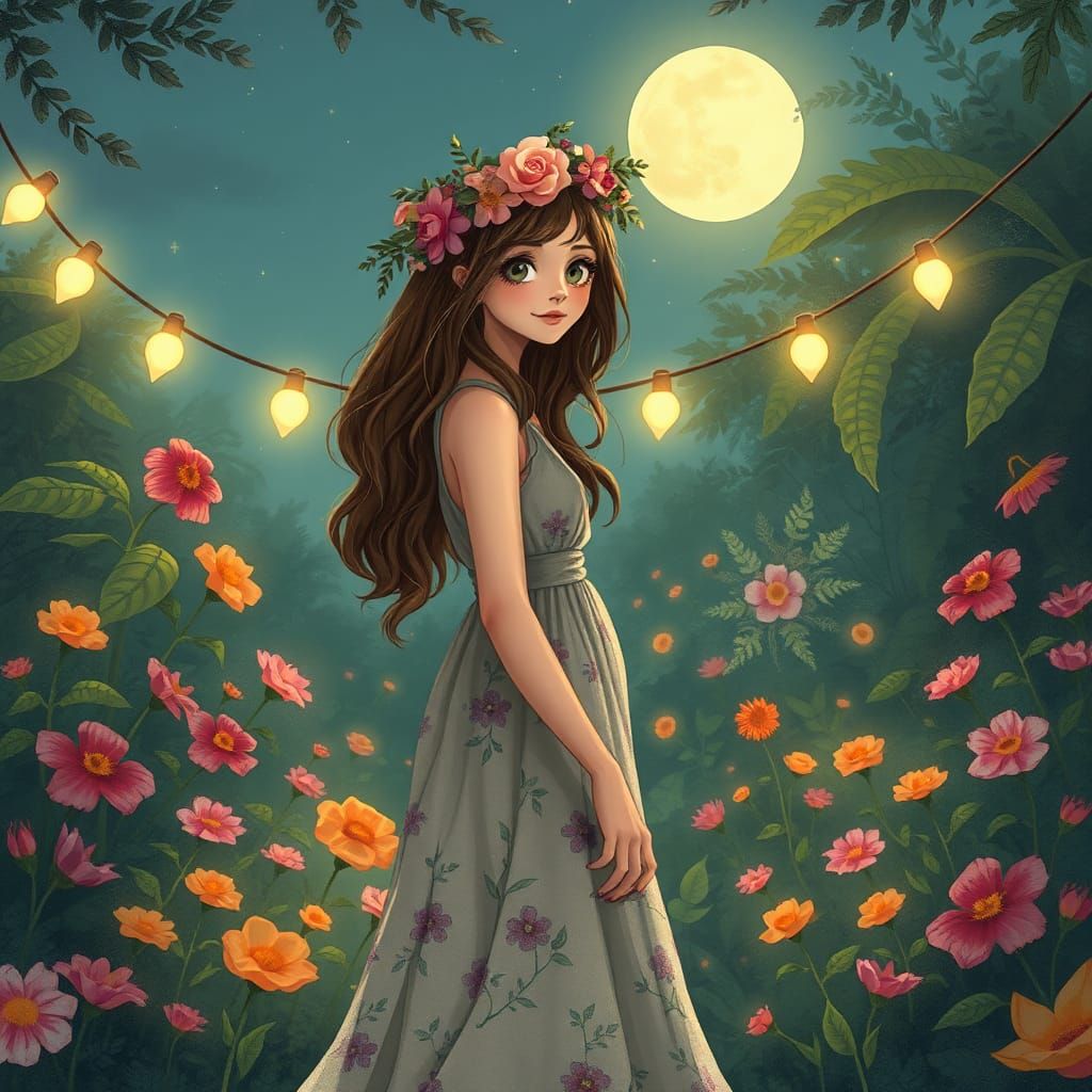 Bohemian Woman in Moonlit Garden Illustration